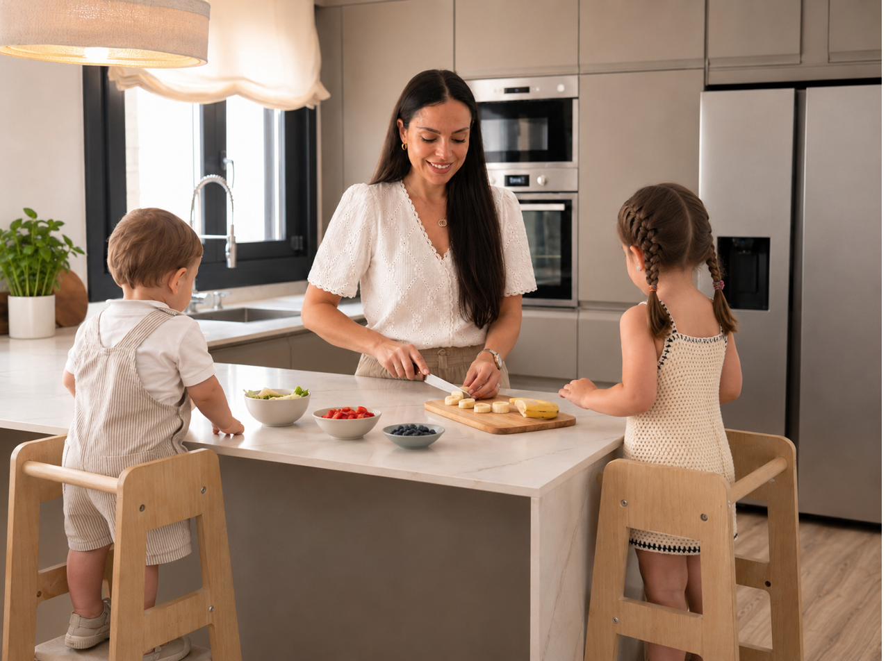 Celia con sus hijos en la cocina